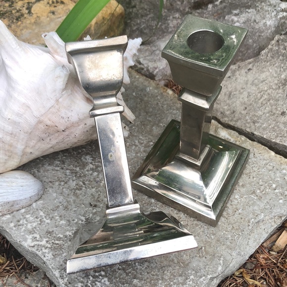(2) Metal Candle Holders-Silver Toned-Square Base-Tapers-Vintage - Picture 5 of 17